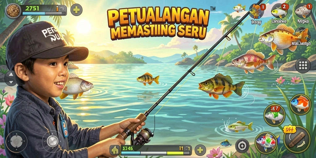 Gameplay seru dalam aplikasi Fishing 2757 dengan berbagai lokasi memancing.