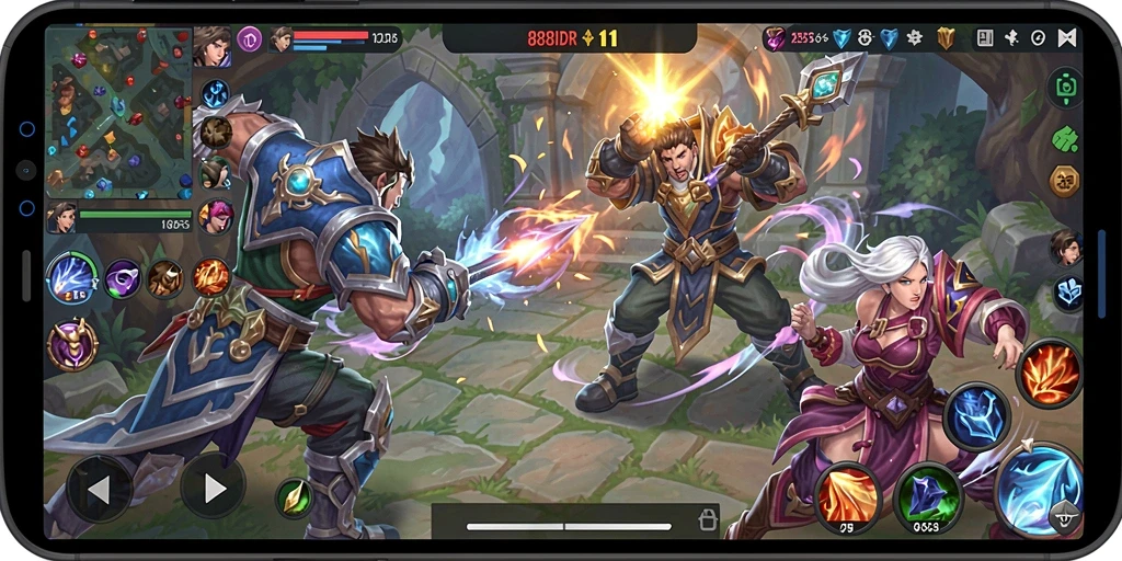 Gambar menunjukkan aksi pertarungan seru dalam game MOBA 888IDR.