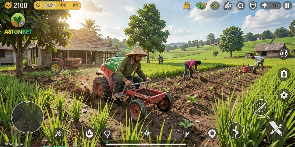 Tampilan gameplay seru dalam ASTONBET yang menampilkan aktivitas bertani.