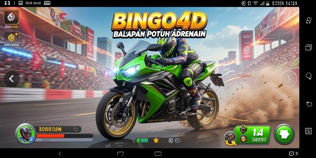 Screenshot gameplay BINGO4D yang menampilkan kecepatan tinggi di trek balapan.