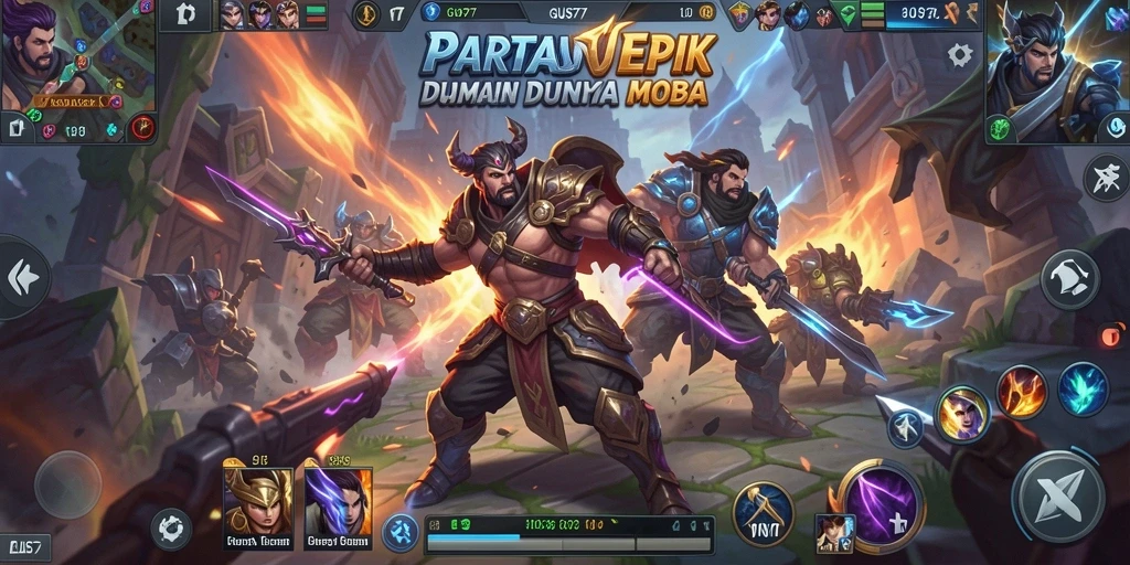 Screenshot GUS77 menampilkan aksi seru dalam pertempuran tim MOBA.