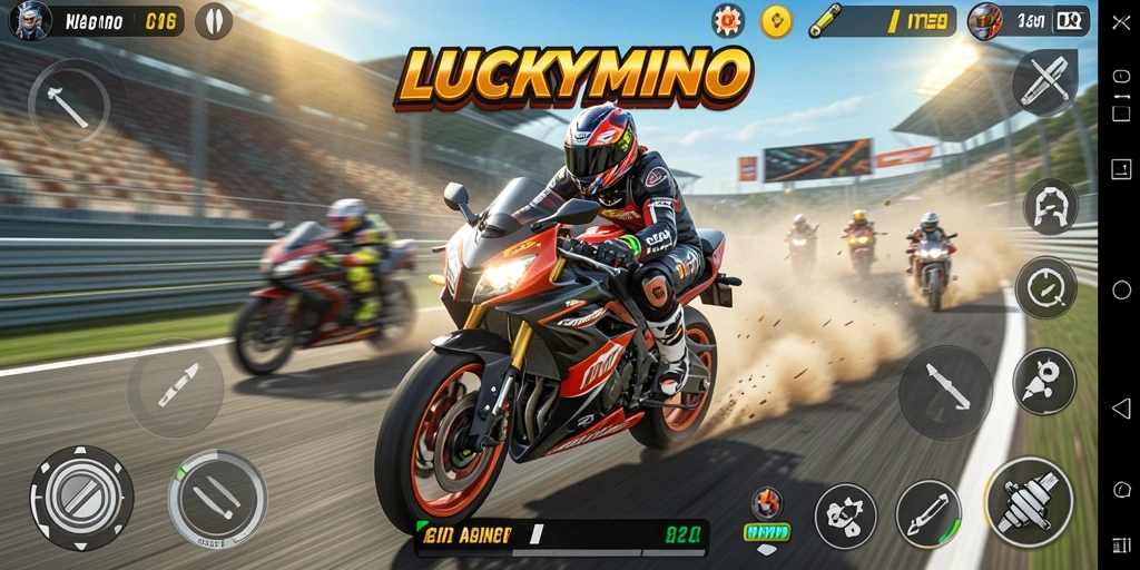 Screenshot gameplay LUCKYMINO menunjukkan balapan motor yang intens dan grafis menakjubkan.