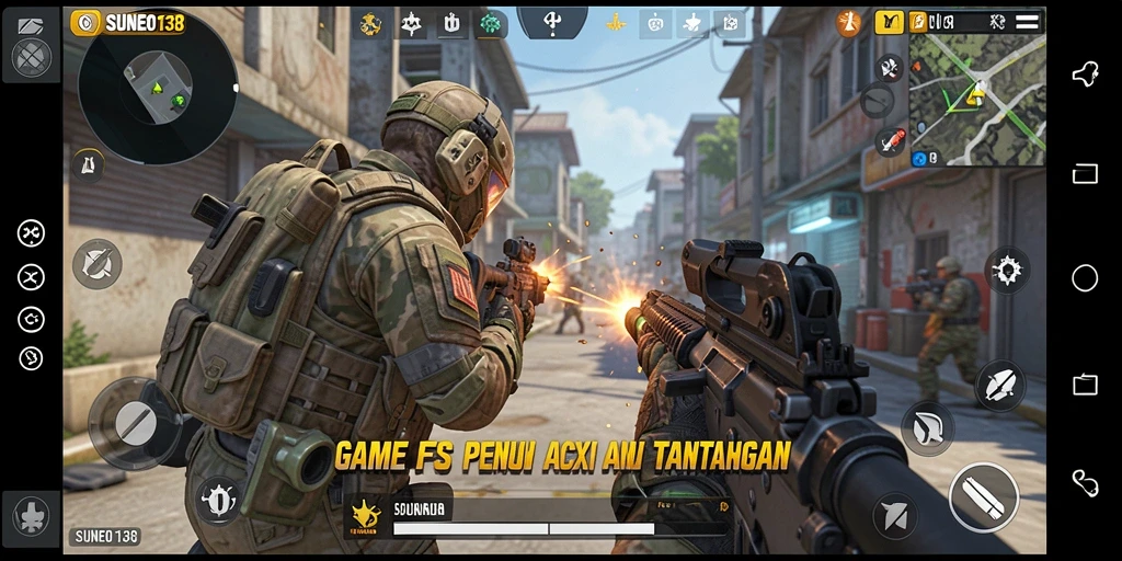 Tangkapan layar gameplay SUNEO138 menunjukkan aksi tembak menembak yang intens.