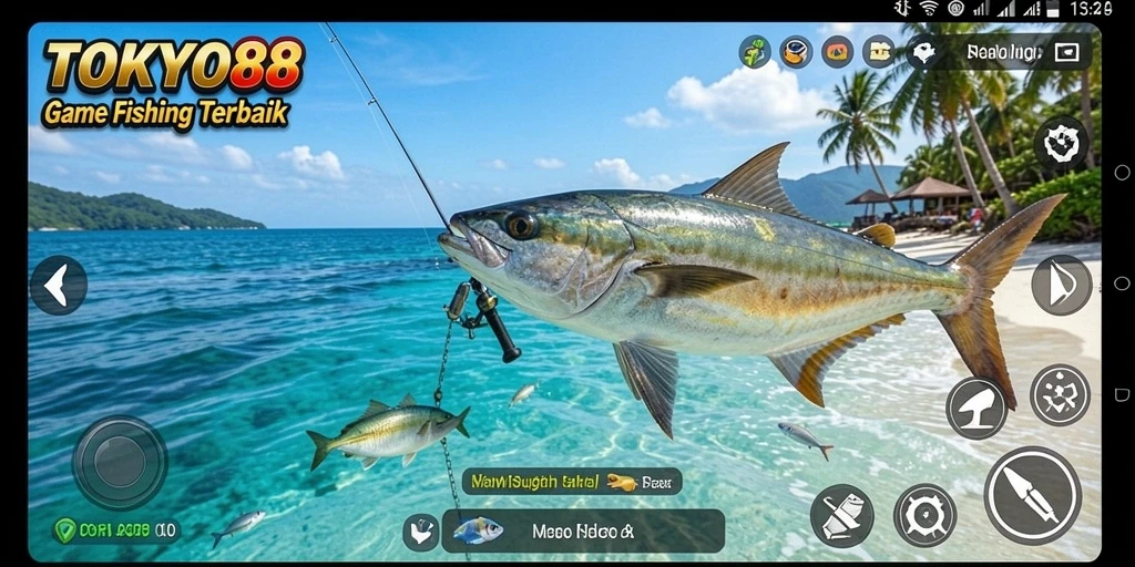 Screenshot TOKYO88 menampilkan pemain yang asyik memancing ikan di laut yang indah.