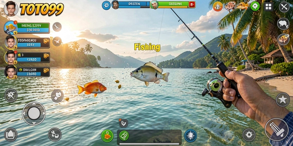 Screenshot TOTO99 menampilkan momen menangkap ikan di laut yang cerah.