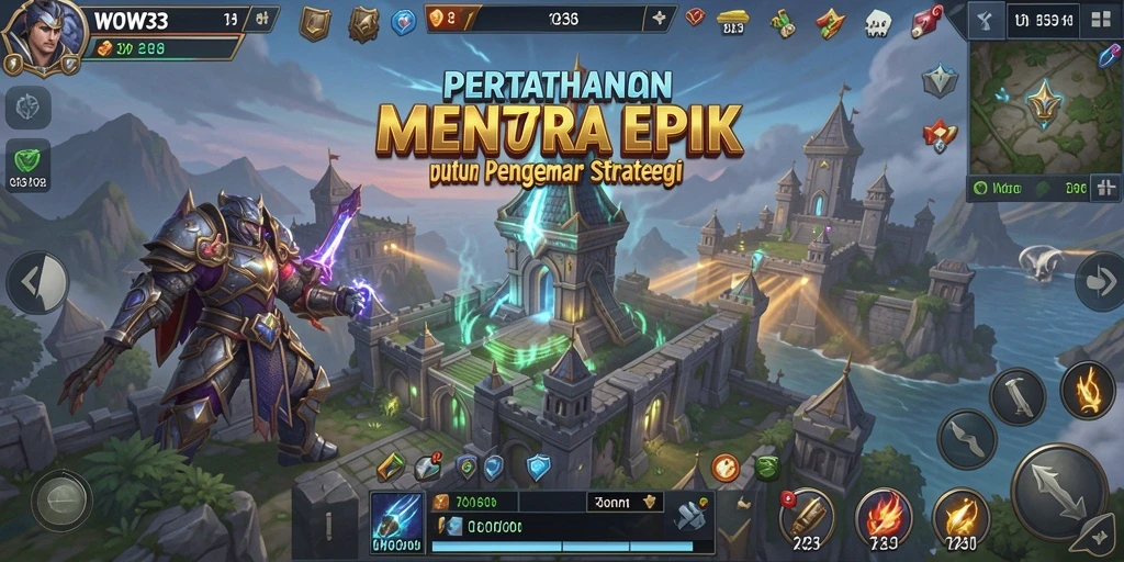 Tangkapan layar gameplay WOW33 yang menampilkan menara dan gelombang musuh.